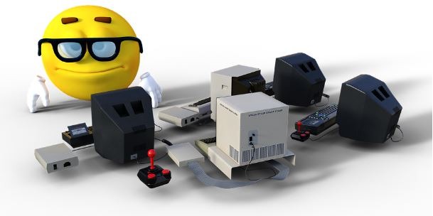 a nerd emoji in front of gaming consoles