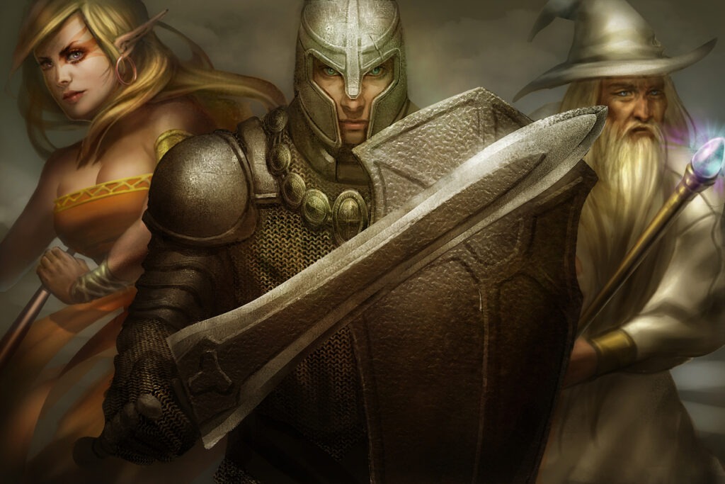 a trio of a she-elf, a knight and an old wizard in battle stance together