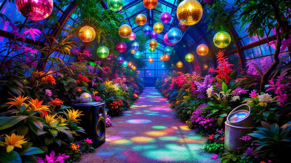 disco themed outdoor garden installation