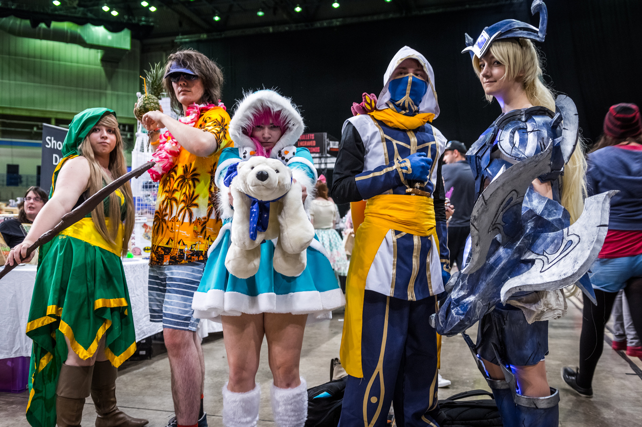 a group of teenage cosplayers