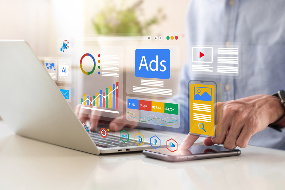 Digital marketing concept, Businessman using laptop with Ads dashboard digital marketing strategy analysis for branding. online advertisement, ad on website and social media. SEO. SMM