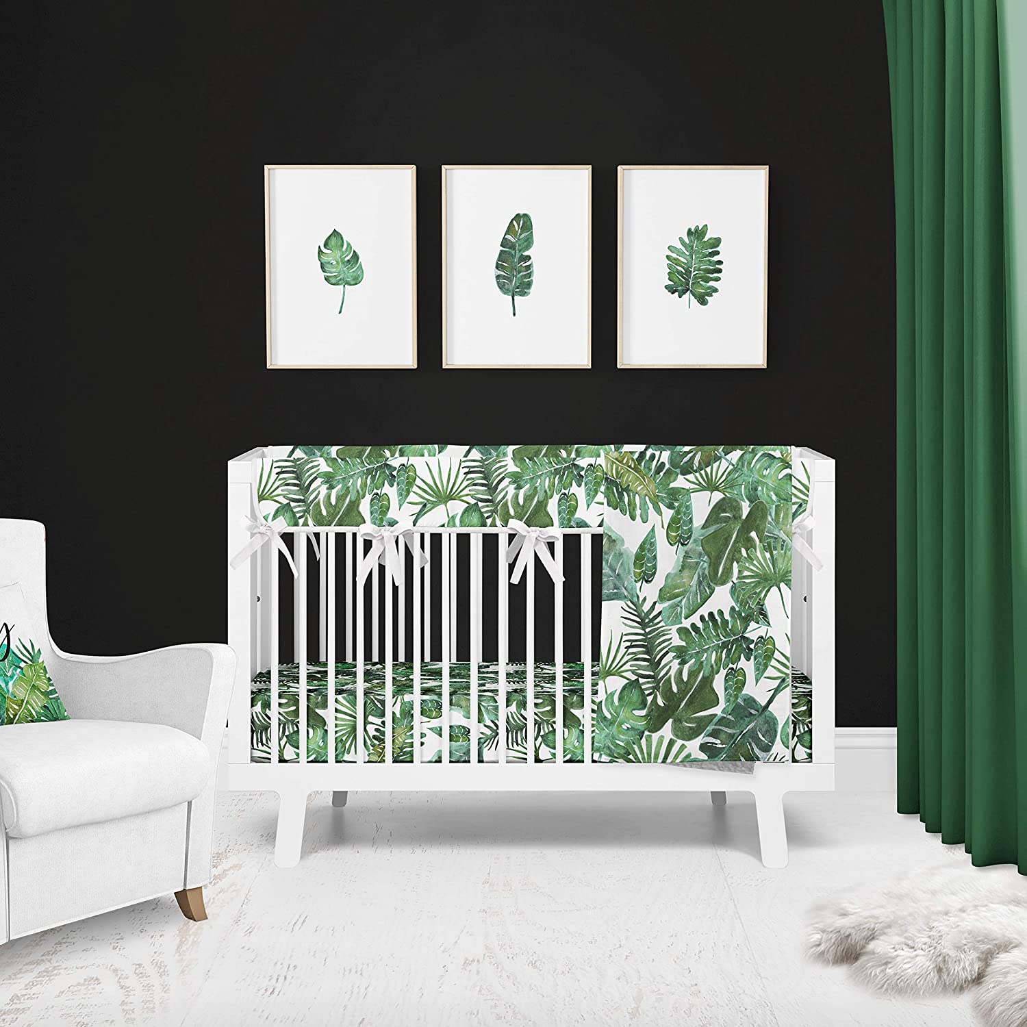 Hawaiian-themed baby nursery with big bright green leaves printed on the sheet