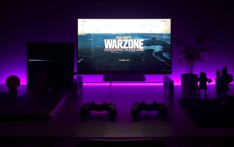 a PlayStation game on screen with beautiful room lighting