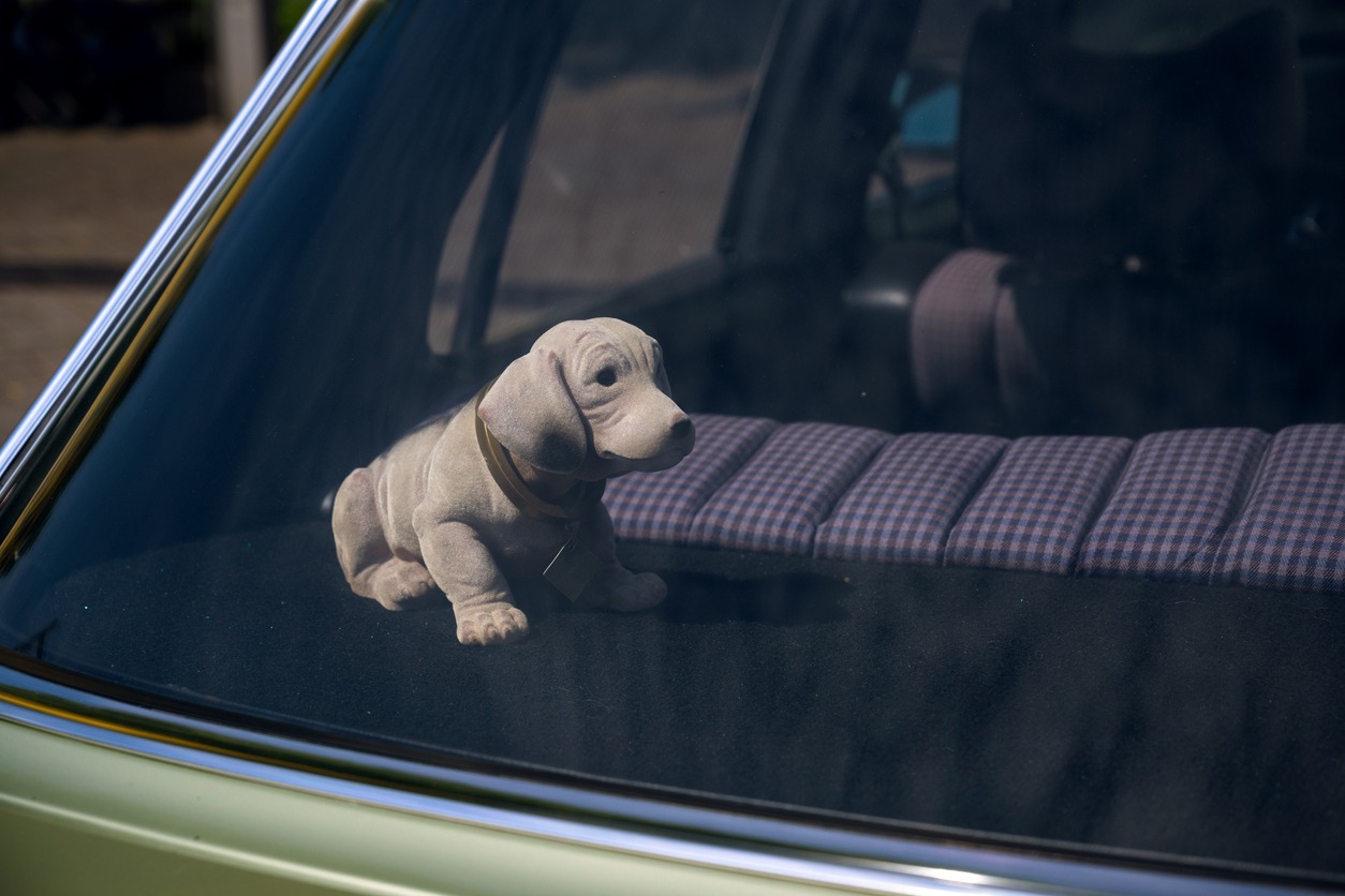 a bobblehead dog on a car dashboard
