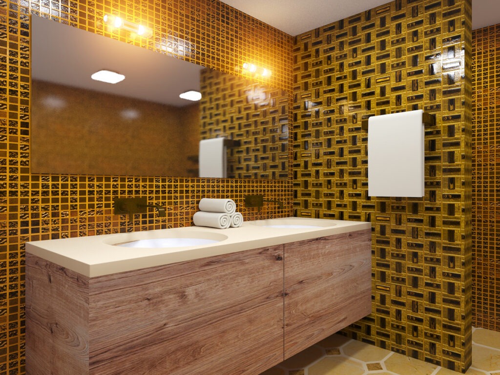 Modern bathroom in bold prints walls and tiles